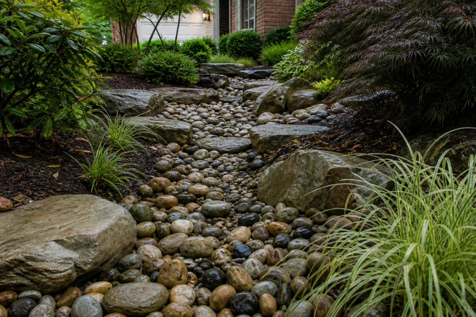Finished dry creek bed drainage solution at a Lexington property