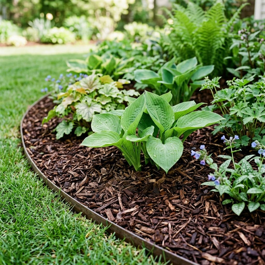Fresh mulch installed in a Lexington landscape bed